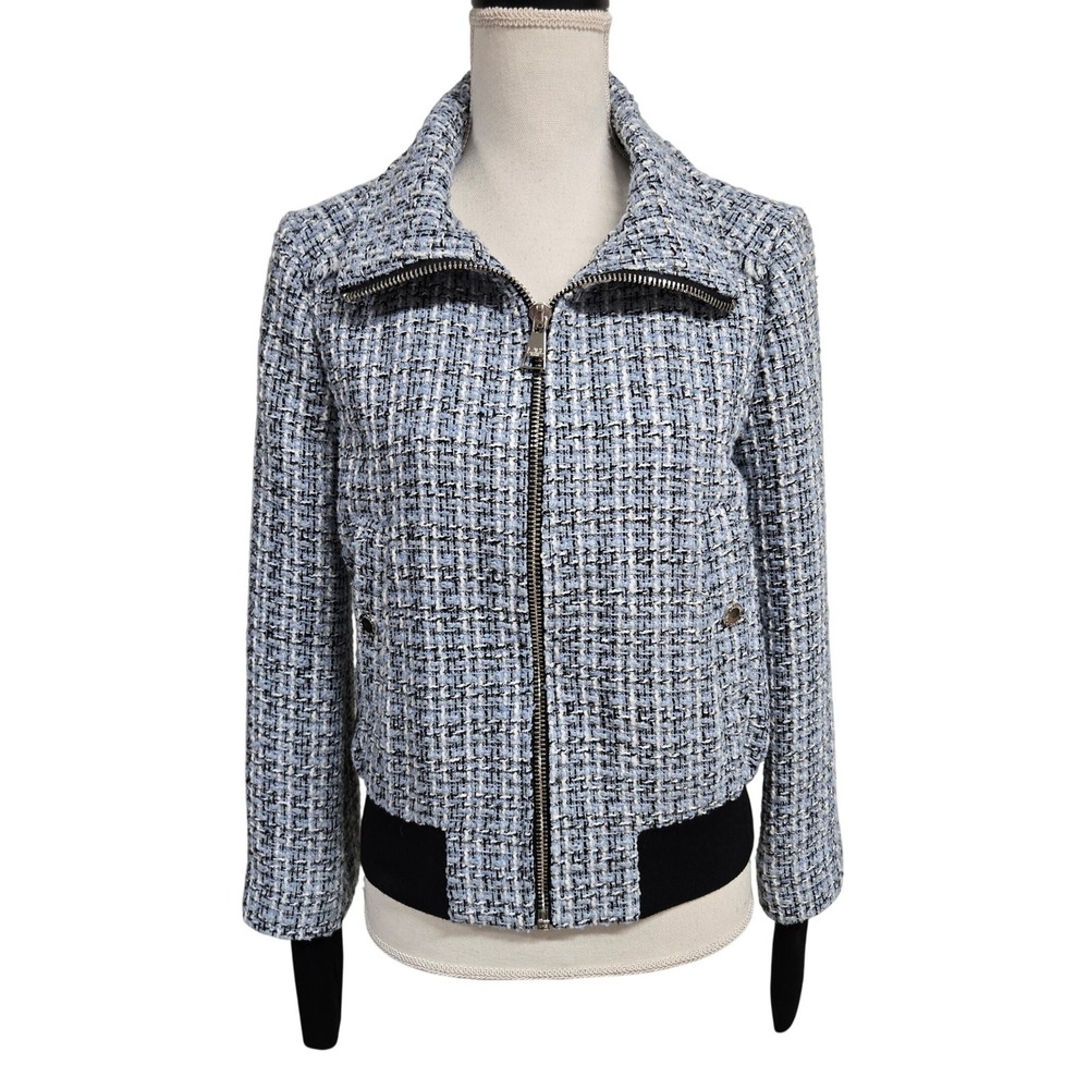 Karl Lagerfeld Paris Tweed Zip Up Bomber Jacket Blue White Women's Size S Fringe